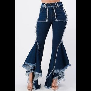 Purple Candy Dark Blue Denim Dramatic Distressed Asymmetrical Flare Jeans
